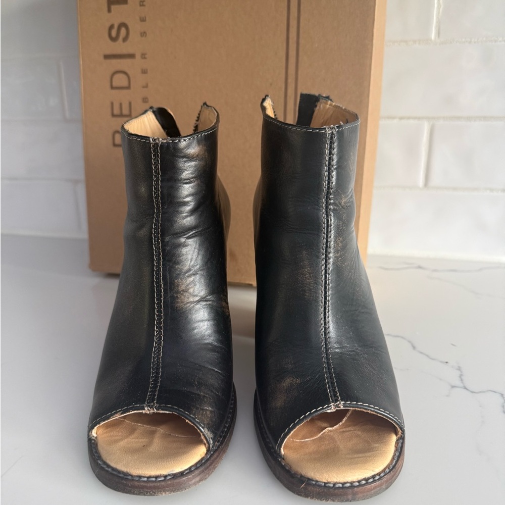 Bed|Stu Black Leather Peep-Toe Ankle Boots